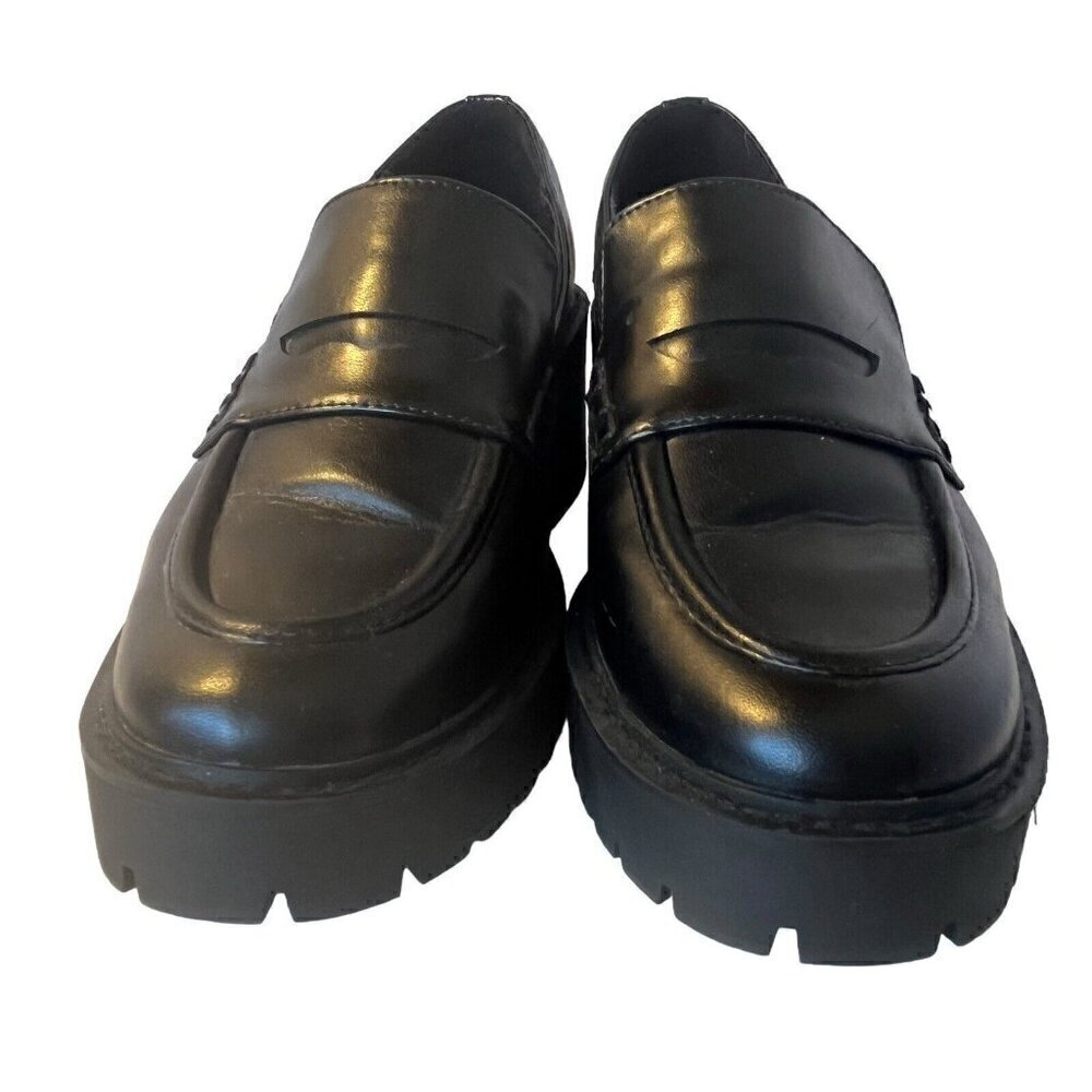 Womens Chunky Platform Slip On Penny Loafer Black Faux Leather Lug Soles 8.5